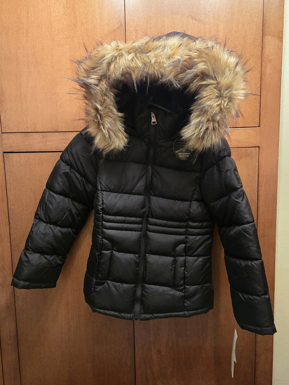 Madden Girl Black Puffer Jacket with Faux Fur Trim